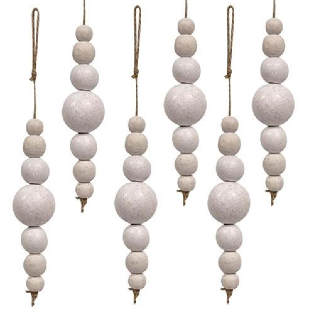 *6/Set White Wooden Bead Ornaments on Jute