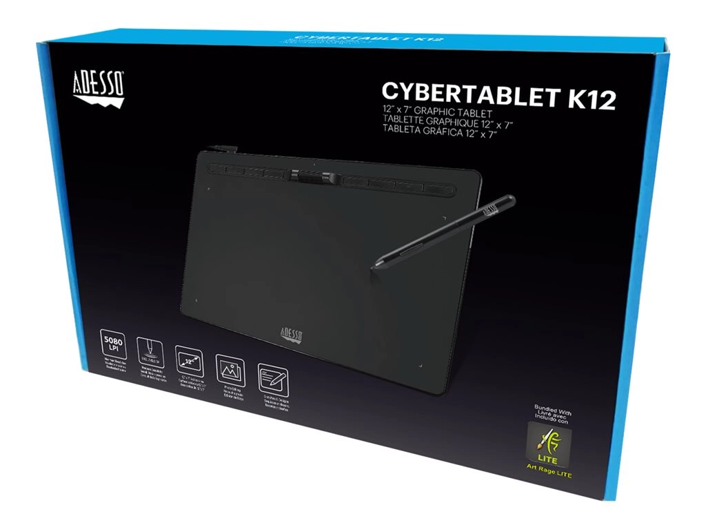 Adesso CyberTablet K12 - Digitizer - 12 x 7 in - electromagnetic - 8 buttons - wired - USB-C - black CYBERTABLETK12