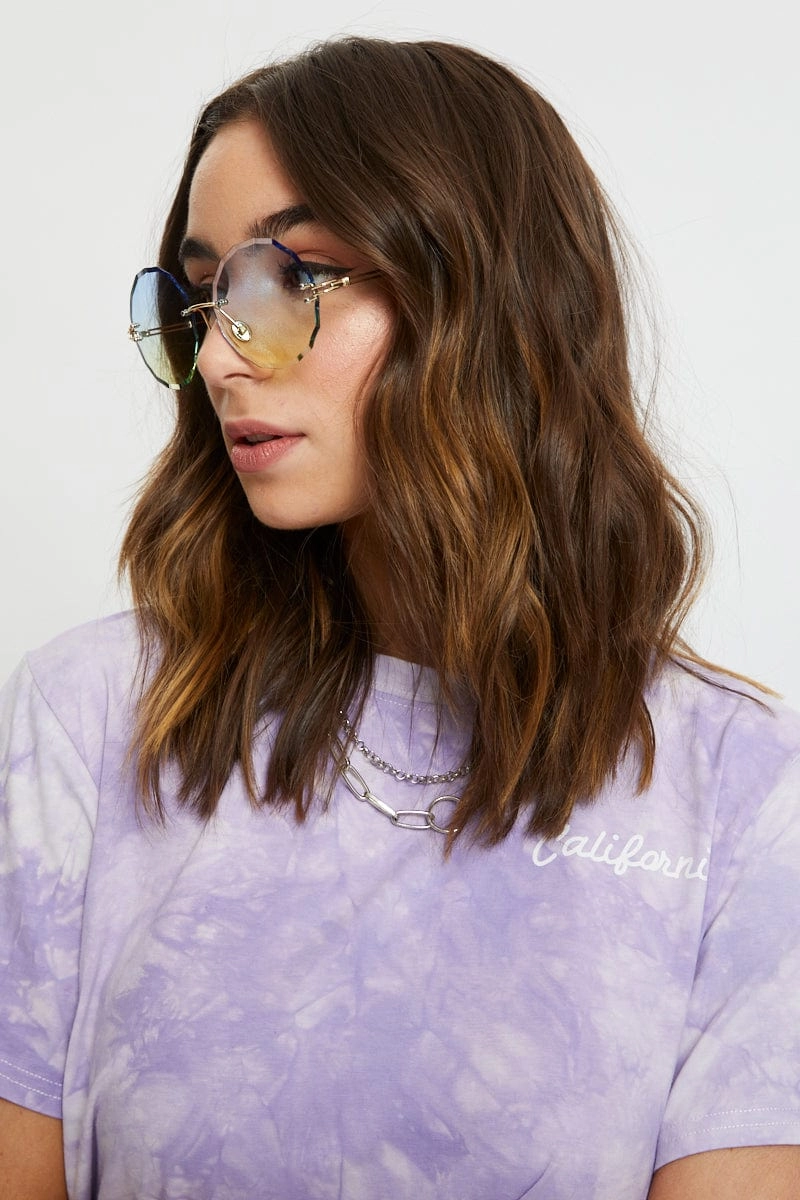 Blue Ombre Framless Scalloped Edge Round Sunglasses