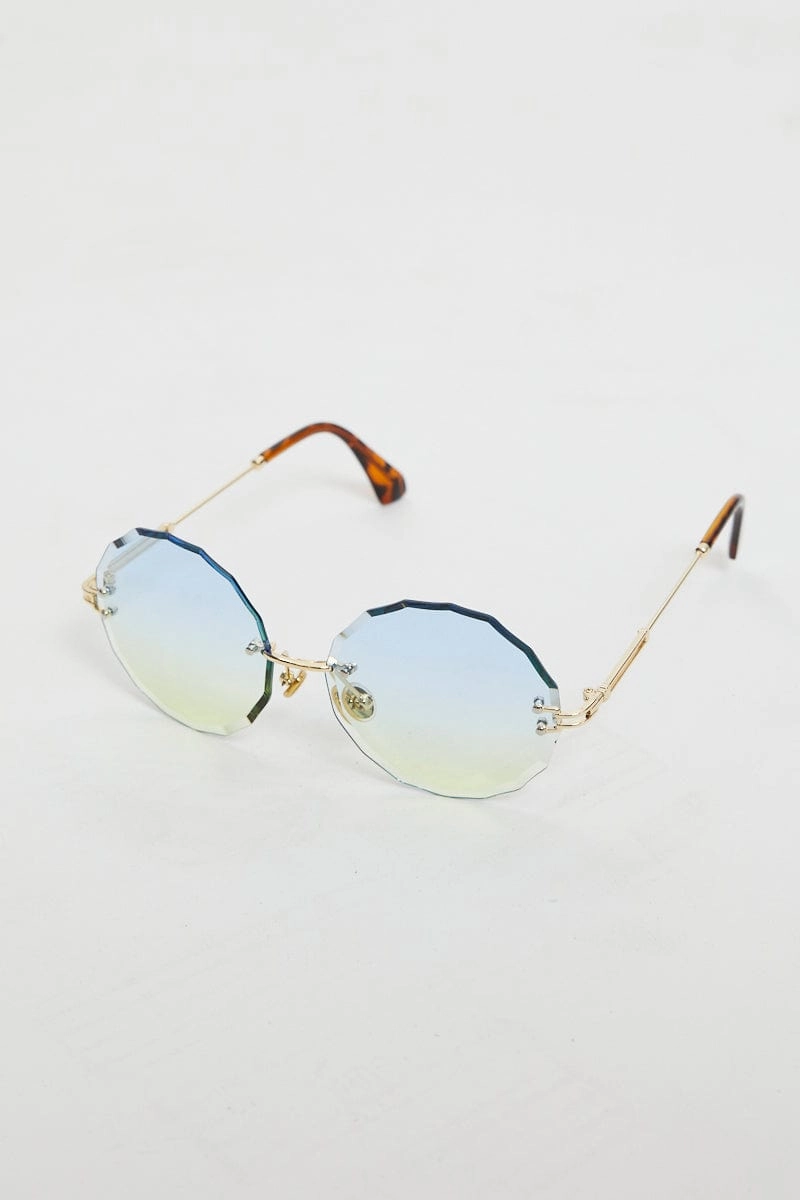 Blue Ombre Framless Scalloped Edge Round Sunglasses