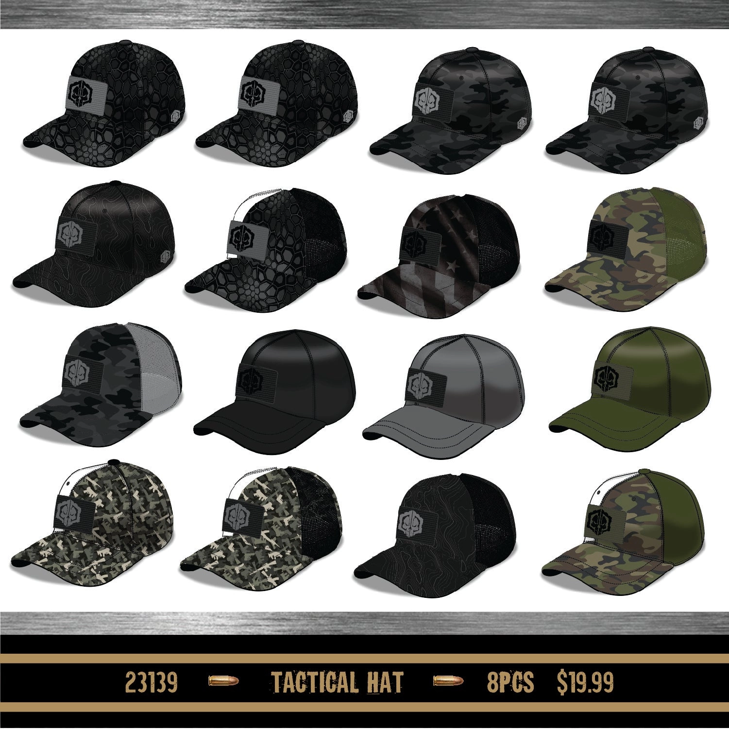 Patriotic Tac Gear Hat and Accessory Assortment Floor Display (Clean) - 56 Pieces Per Retail Ready Display 88469