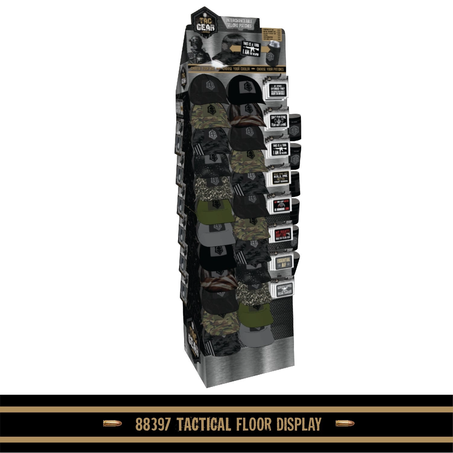 Patriotic Tac Gear Hat and Accessory Assortment Floor Display (Clean) - 56 Pieces Per Retail Ready Display 88469