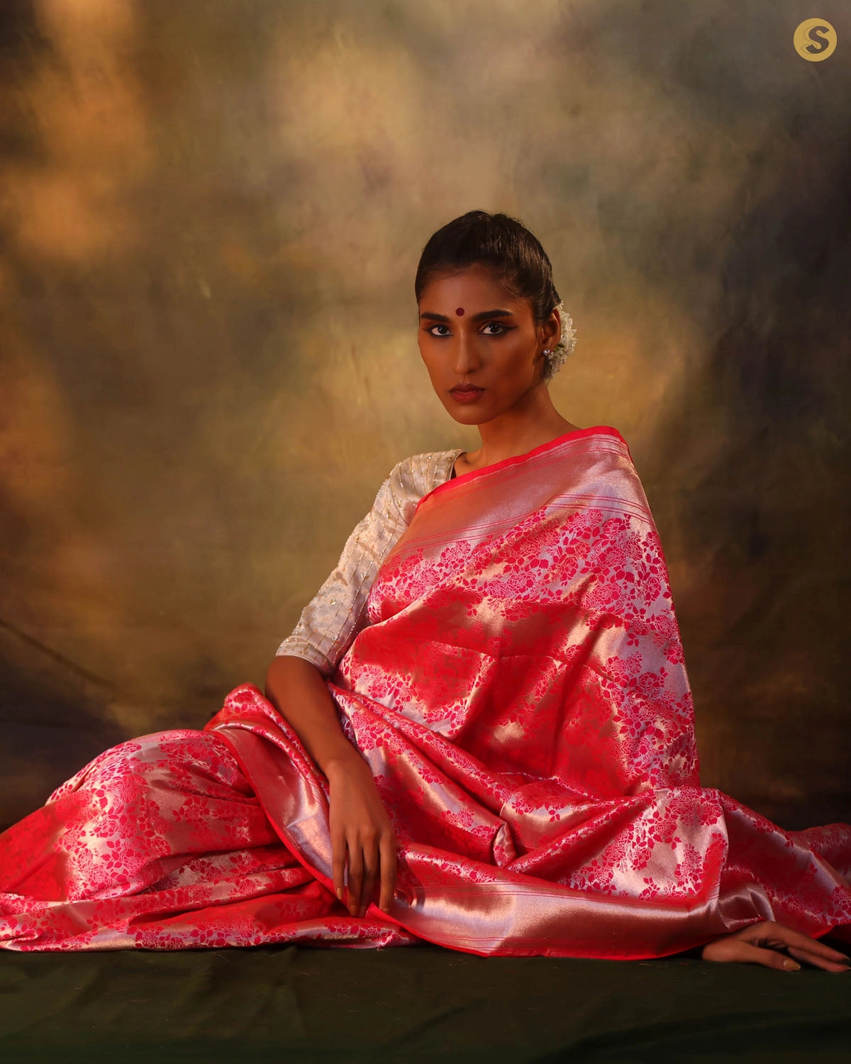 Ruby Pink Floral Banarasi Silk Saree