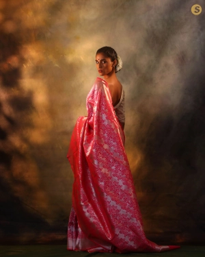 Ruby Pink Floral Banarasi Silk Saree