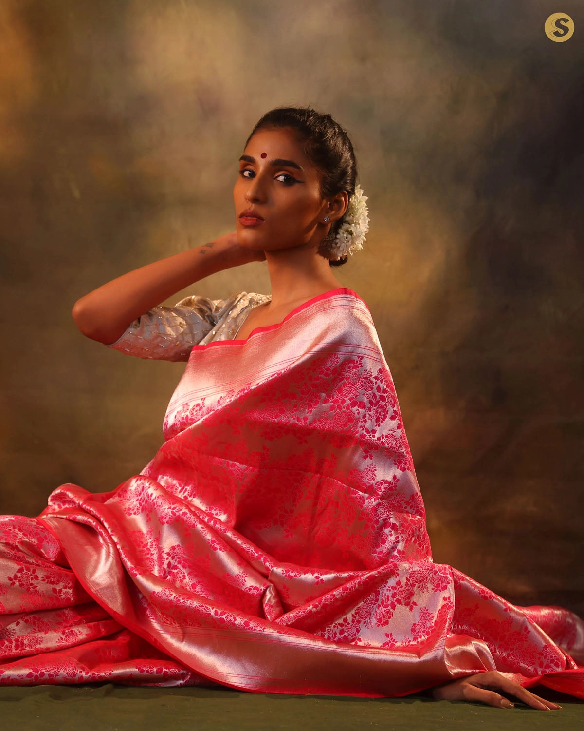 Ruby Pink Floral Banarasi Silk Saree