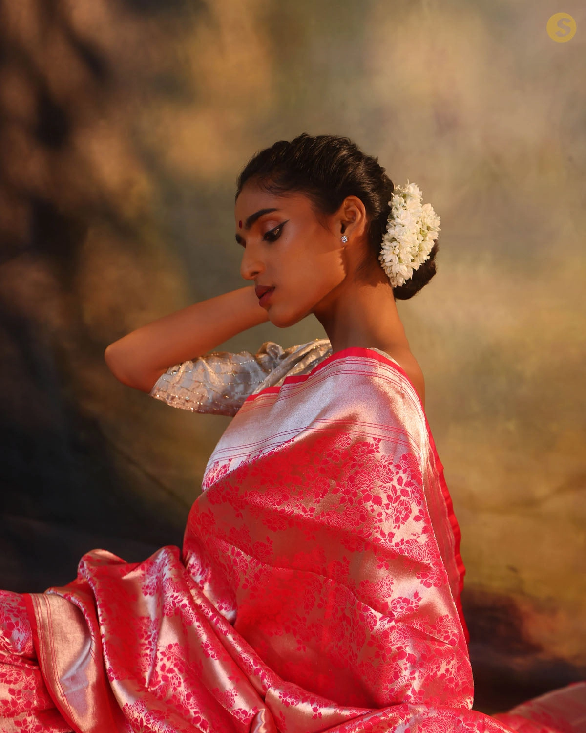 Ruby Pink Floral Banarasi Silk Saree