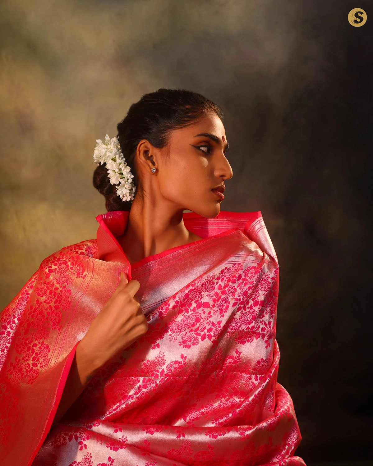 Ruby Pink Floral Banarasi Silk Saree