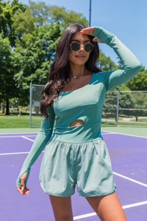 You're Thriving Sage Active Long Sleeve Keyhole Romper FINAL SALE